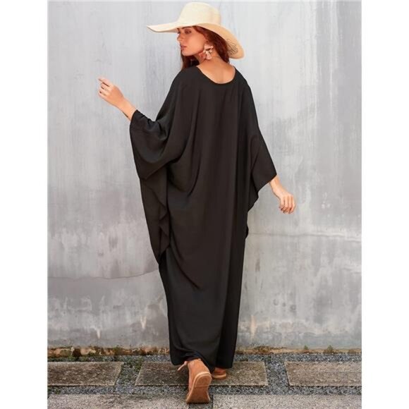 Women Solid Color Cover Up V Neck Batwing Sleeve Plus Size Beach - Picture 5 of 7